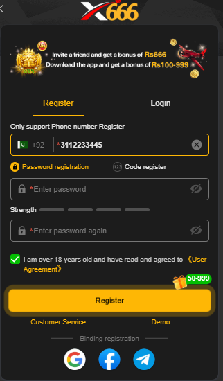 77x666 Games Registration form showing the required account details