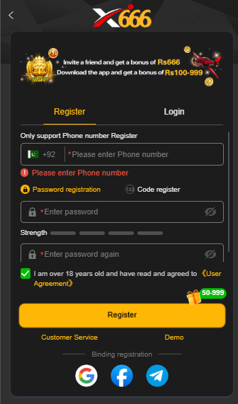 77x666 Games Registration page showing the account signup form